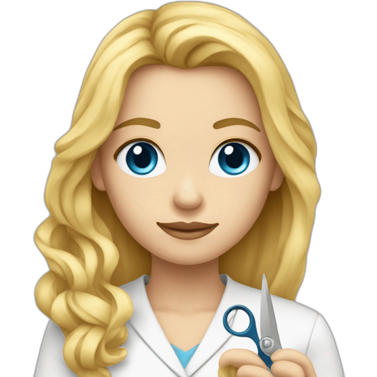 Blond long hair Woman tailor with metre around neck and scissors in her hand blue eyes emoji