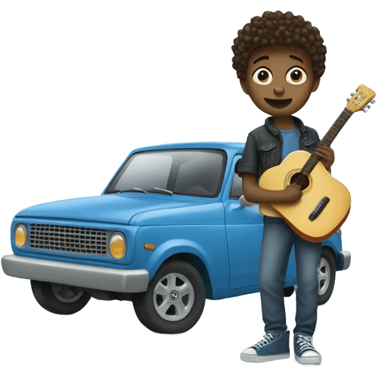 small boy holding a guitar and wearing silly shoes standing on top of a blue car emoji