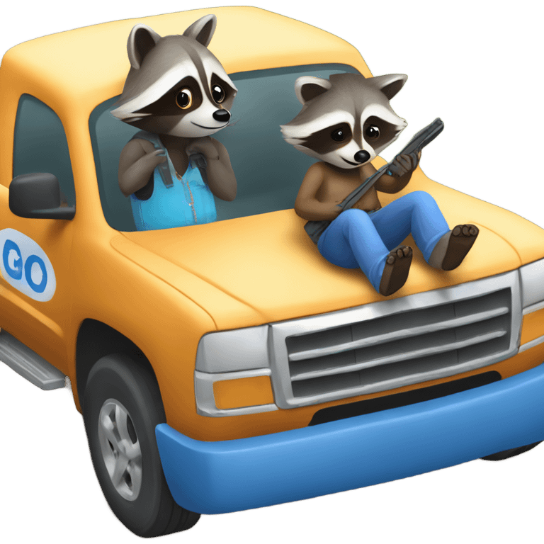 Raccoon driving blue pickup truck with girlfriend raccoon  emoji