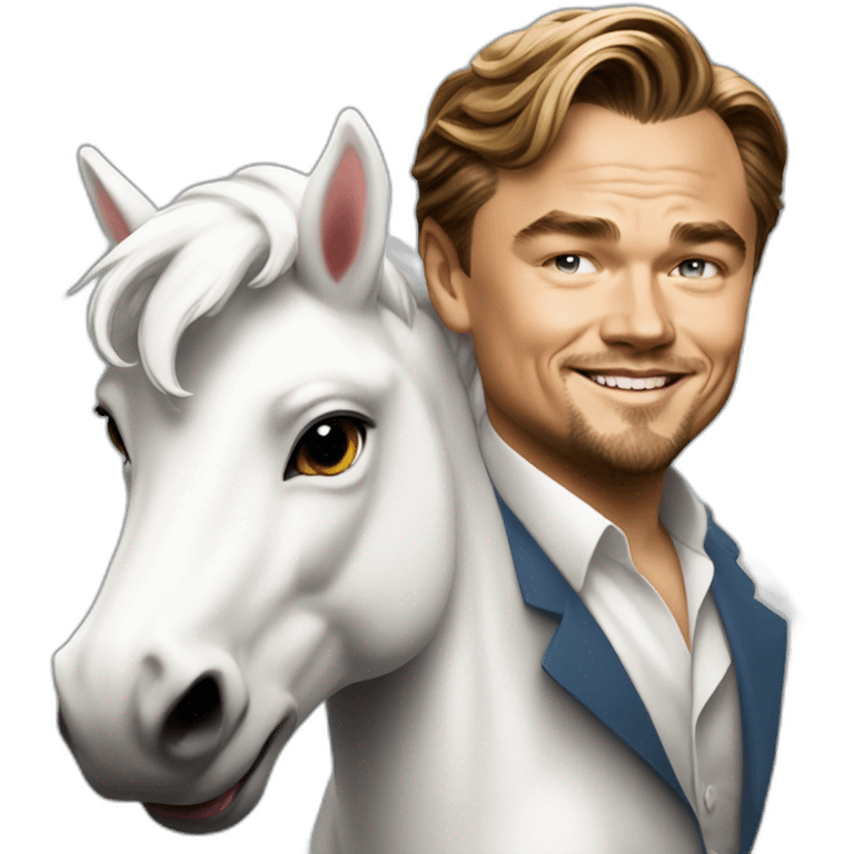 Leonardo DiCaprio smiling and riding a white unicorn as a rich billionaire emoji