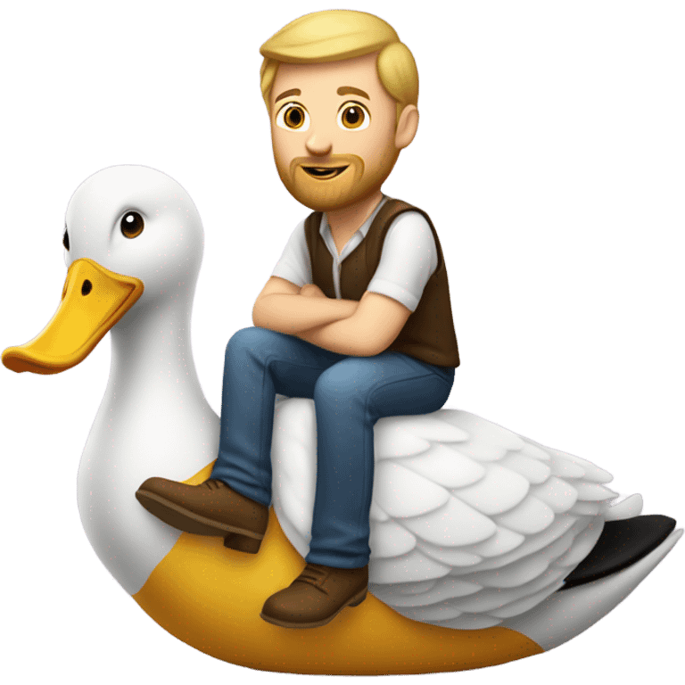 White Man with a short beard riding on the back of a giant duck emoji