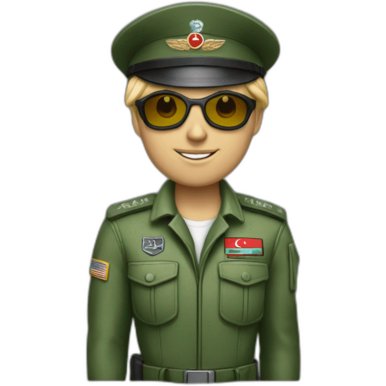 Blonde military Pilot with green uniform which is has a Turkish flag on right arm, pilot badge on chest, wearing sunglasses   emoji