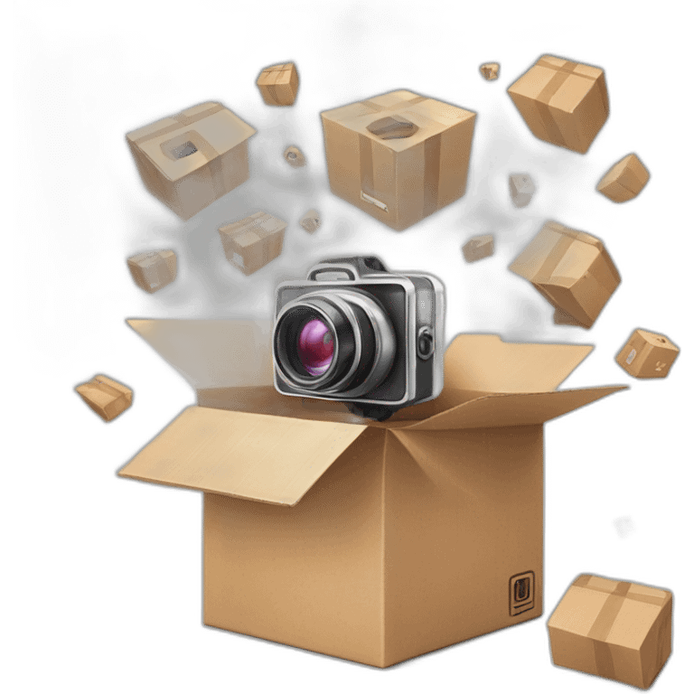 Video Camera, Instagram YouTube icons fly out from the Cardboard box emoji