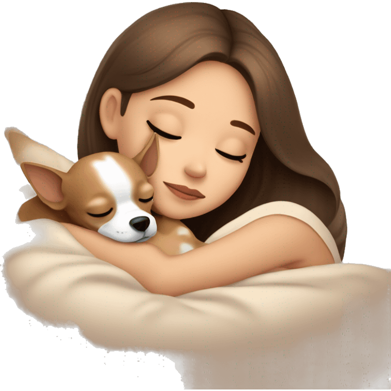 Brown hair girl sleeping with her beige Chihuahua ￼ emoji