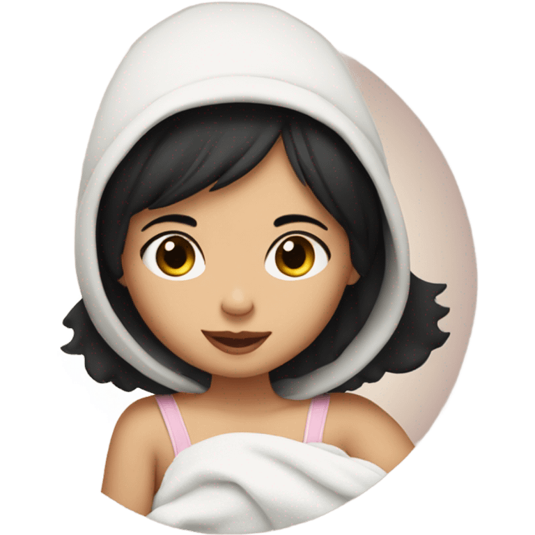 Girl with very short black hair, fair skin and brown eyes holding a baby emoji