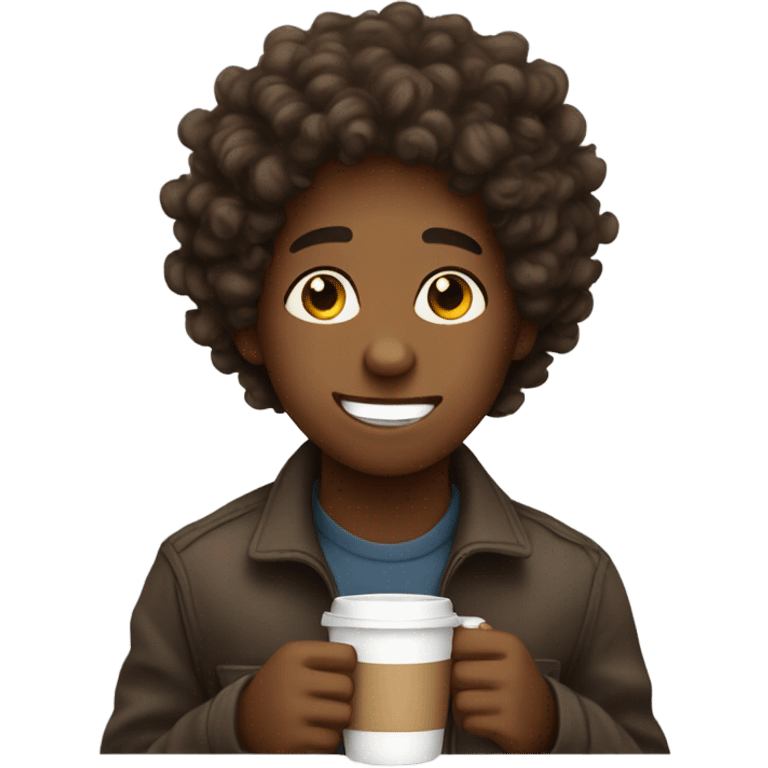 Brown skin boy with curly hair oh sipping coffee emoji