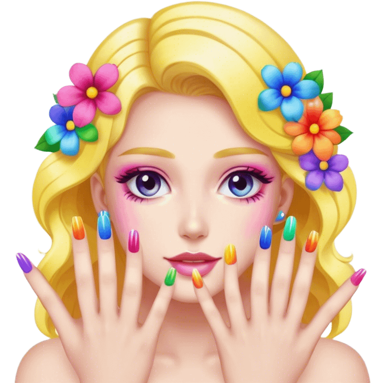 Pretty fake nails with rainbow flowers  emoji