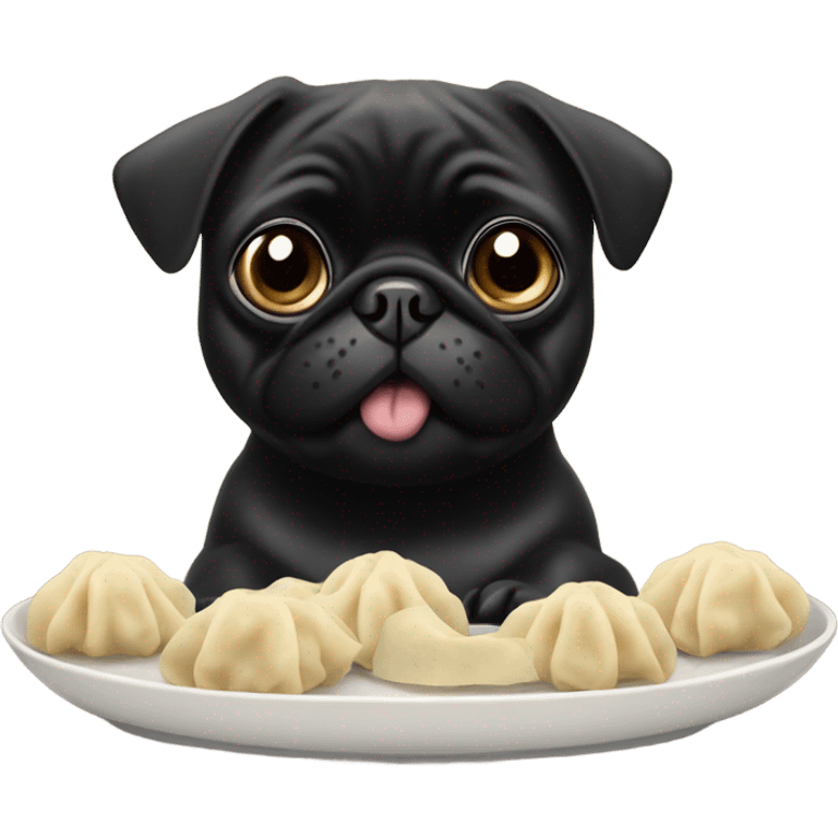 Black pug eating Chinese food dumplings  emoji