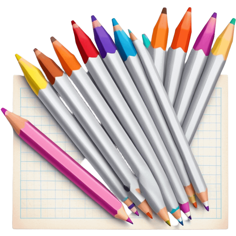 Cinematic Realistic image of a set of finely sharpened colouring pencils arranged neatly on crisp paper, rendered with vibrant hues and detailed pencil textures, illuminated by soft, creative lighting that captures the spirit of artistic expression emoji