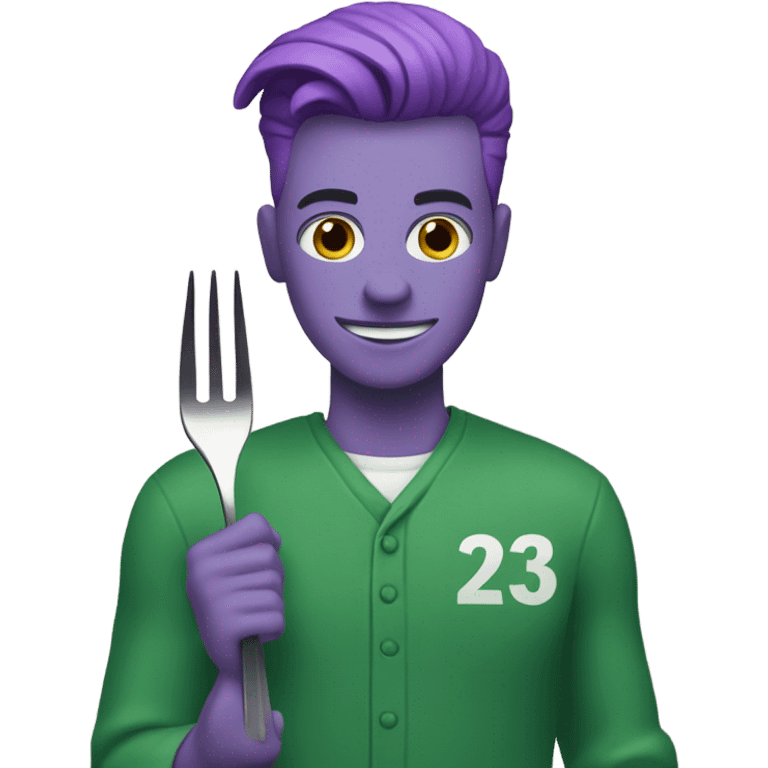 A man with purple hair and he is wearing a green jumpsuit with the number 230 on his jumpsuit. He also is holding up a fork emoji