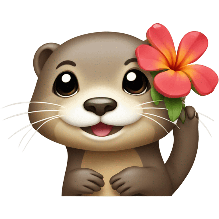 A happy and cute otter face with a Hawaiian flower tucked behind its ear, holding a heart. emoji