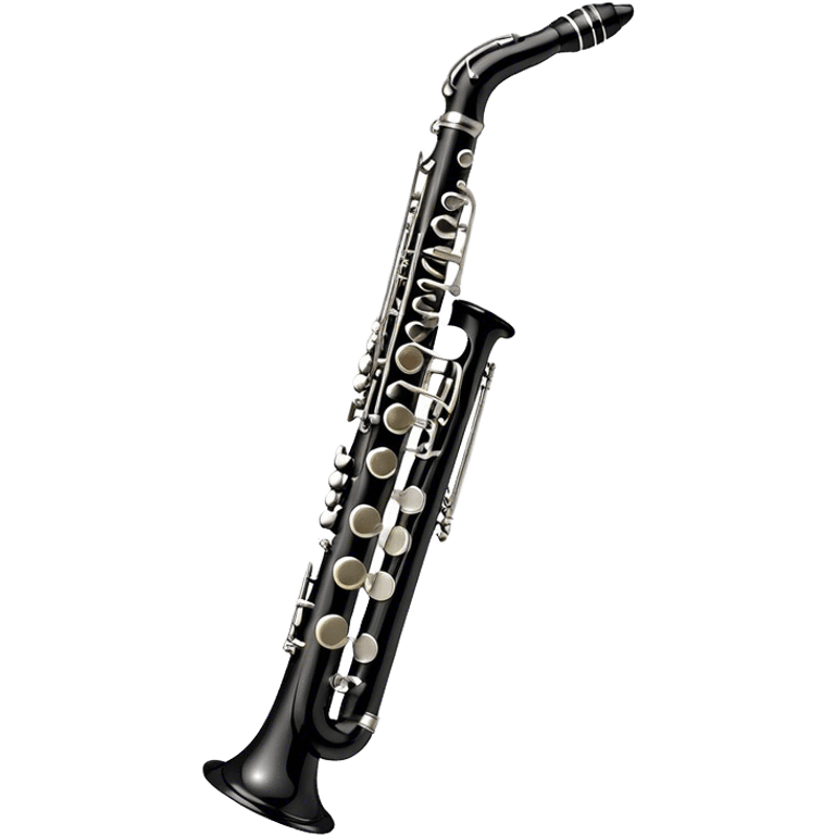 Create a sleek and professional emoji representing a black standard clarinet. The design should feature a smooth, glossy black body of the clarinet with shiny, silver keys clearly visible. Highlight the intricate details of the mouthpiece and reed at the top, while the body of the instrument should remain simple and elegant. Add subtle musical notes or soundwaves floating around the instrument to symbolize its clear, melodic sound. Use black for the body, silver for the keys, and soft lighting effects to give the instrument a polished, sophisticated look. The background should be transparent. emoji