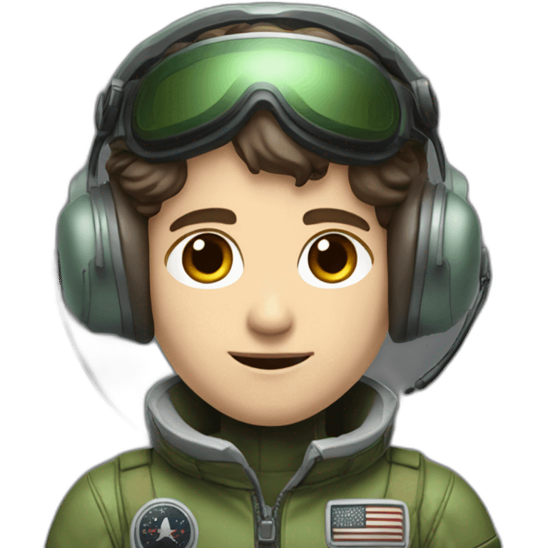 A young white male tennager with a thin face with dark brown hair and brown eyes in a pilot suit and wearing a green Pilot headset emoji