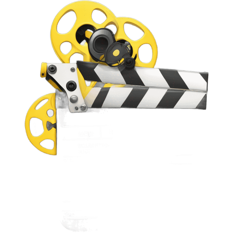 A black and yellow film reel, clapperboard, and movie camera. emoji