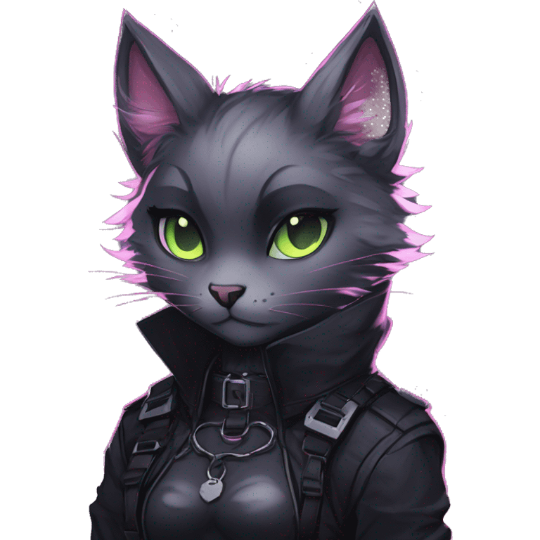 Gorgeous furry gothic dark techwear anime style anthro black cat furry sona with blushing face aesthetic and pretty edgy black with collar and harness trending style emoji