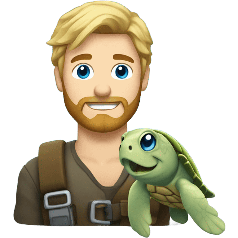 Bearded blond man with spikey hair and blue eyes holding a sea turtle  emoji