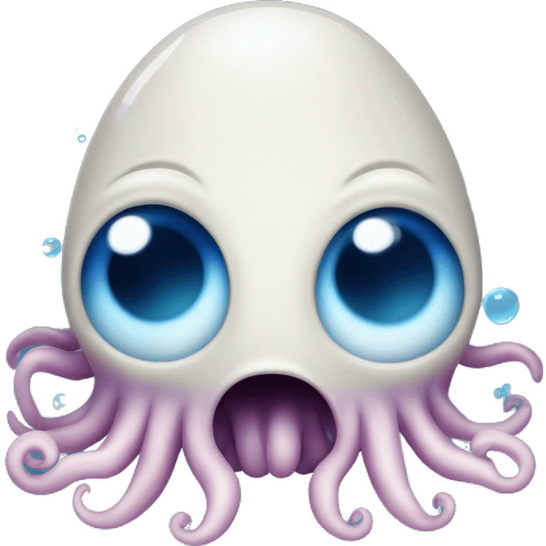 An oblong floating squid in dark blue gradient with happy eyes, a slight violet tint on te end of the tenacles, with bubbles floating around, without mouth, with back eyes surrounded by blue emoji