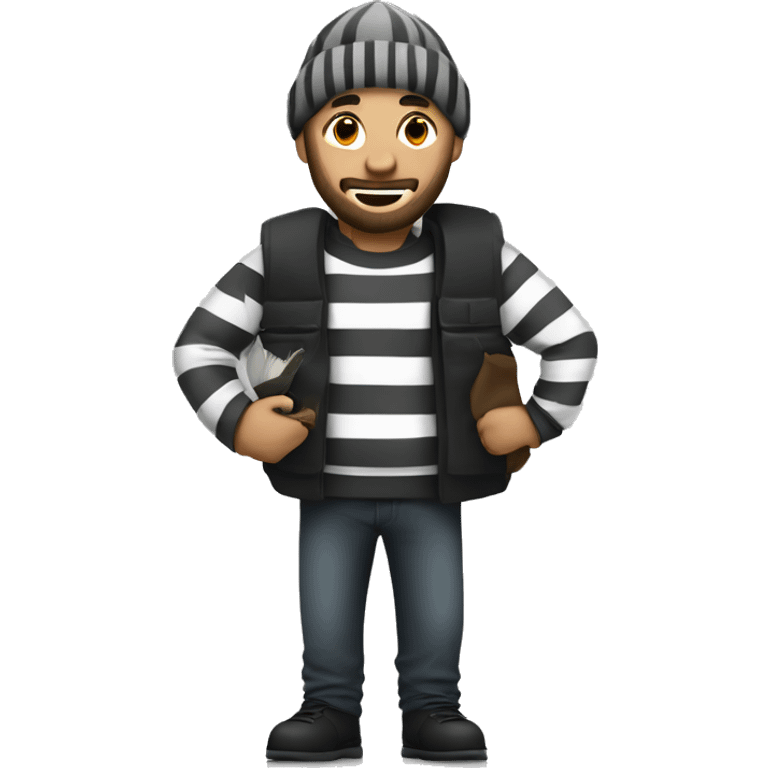 Robber with  a grey beanie, a beard and wore a black and white striped shirt carrying a money bag over shold emoji