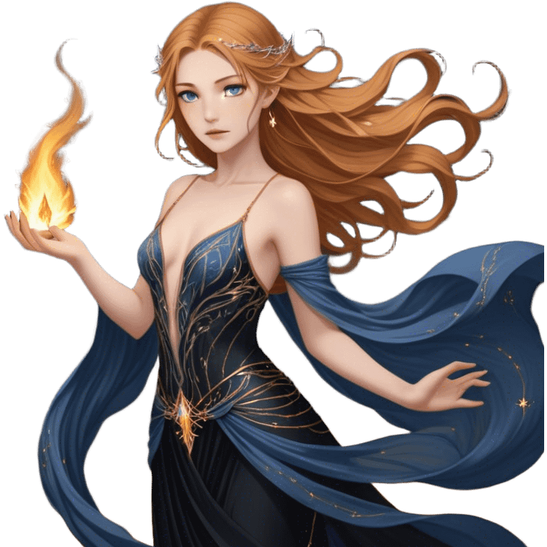 A fierce yet ethereal female High Fae with golden-brown hair cascading down her back, streaked with hints of sunlit gold. Her sharp, striking blue-gray eyes hold an unyielding fire. She wears a flowing black gown with constellations embroidered in silver thread, draping elegantly over her graceful frame. Her delicate hands bear golden tattoos, symbols of ancient magic binding her fate emoji