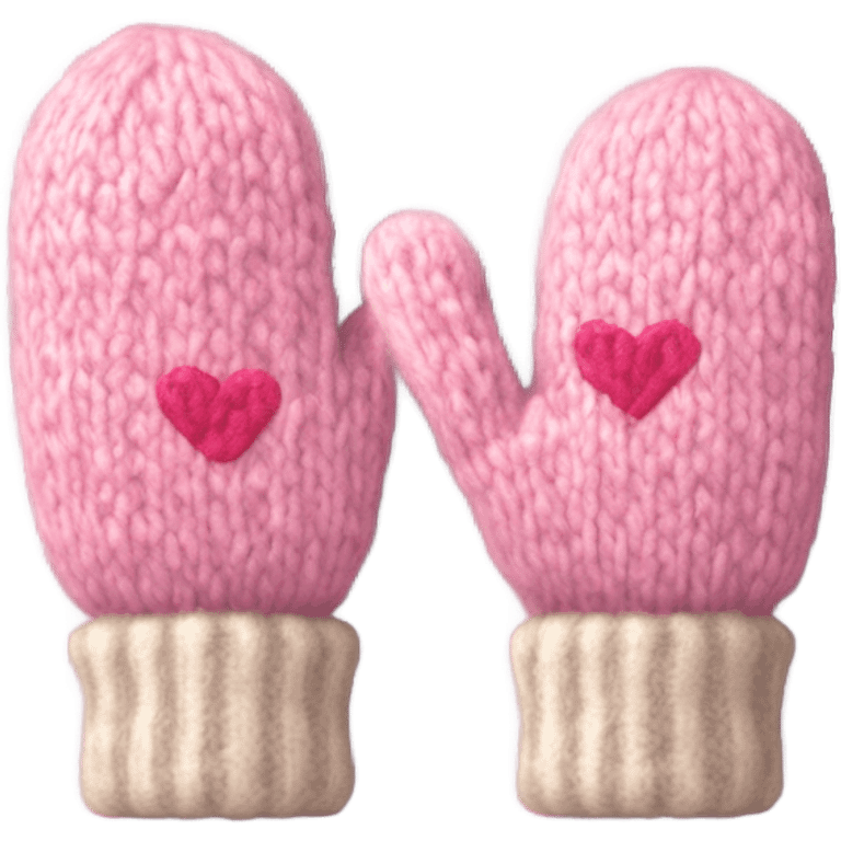 A pair of cozy knitted mittens with pink hearts emoji