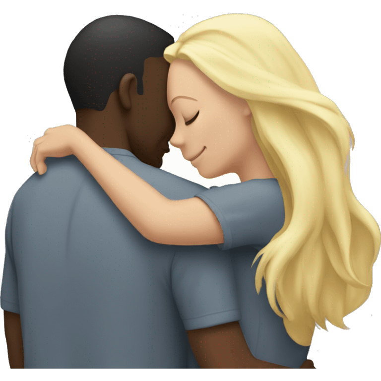 Black man hugging a white blond women with long hair emoji