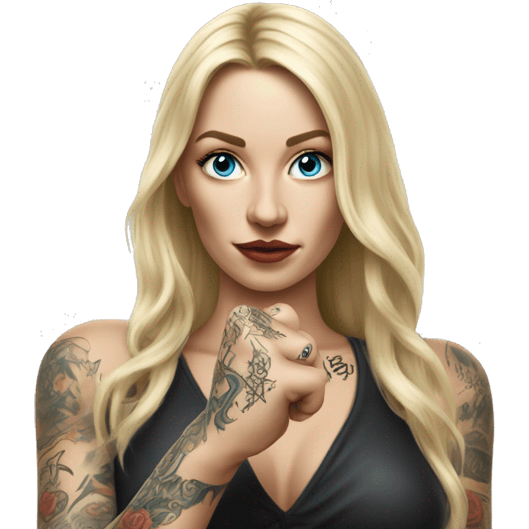 Blonde elegant women with LONG HAIR, her Body Covered with Tattoos, POINTING YOU FORWARD with her HAND with INDEX FINGER, Hyper Realistic emoji