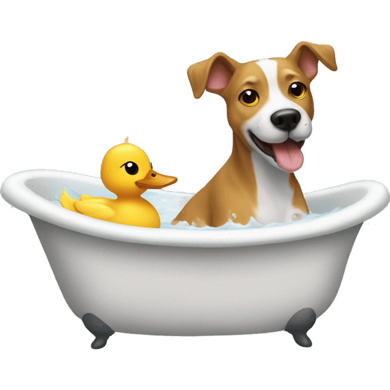 a dog taking a bath with a duckling emoji