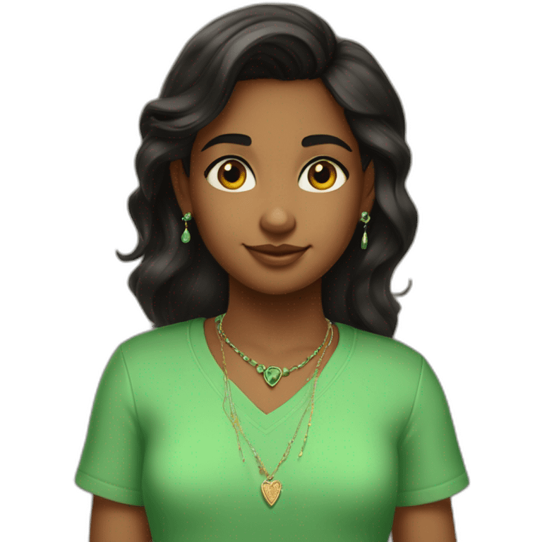 brown skinned black hair indian girl wearing a green shirt that says fifth grade with stud earrings and a necklace that says nila in cursive emoji