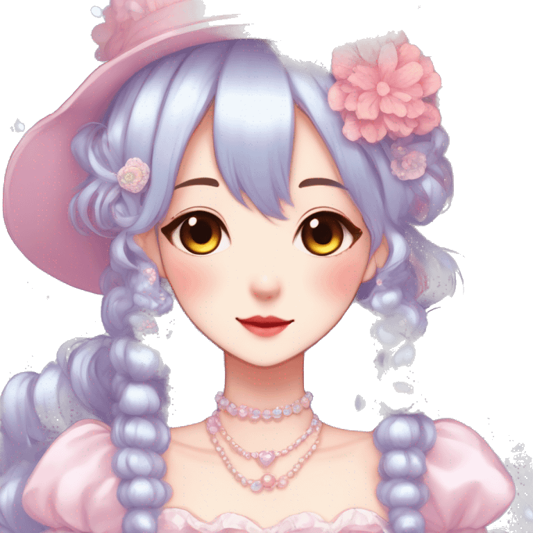 Gorgeous anime style lady with blushing face and accessories cottagecore fairycore Kawaii anime colorful pearly romantic aesthetic trending style emoji