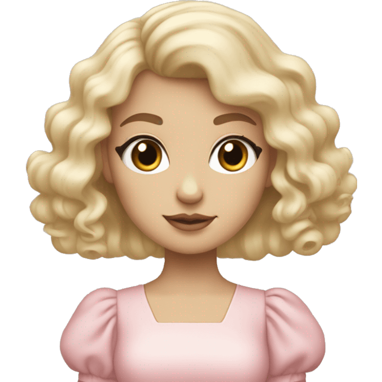 Blonde, pale girl with bangs and long, curly hair and a pastel pink puff sleeve dress emoji