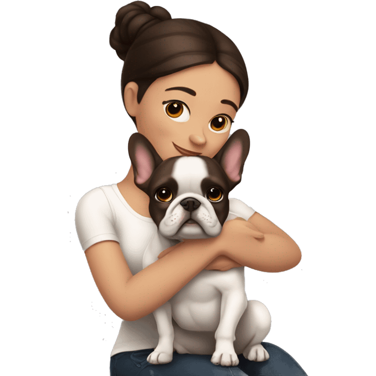 Dark brown hair woman hugging a french bulldog emoji