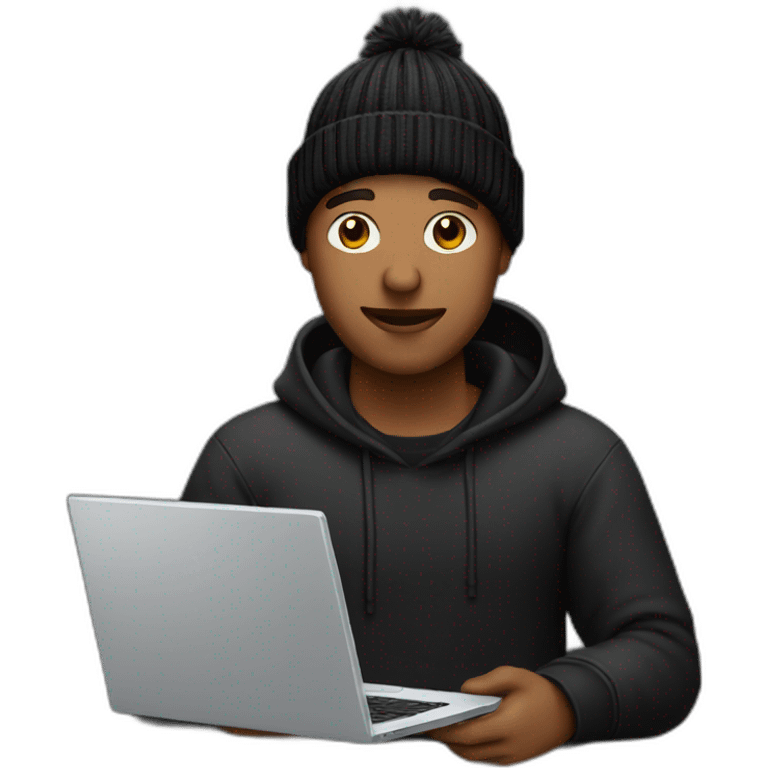 tech guy with black beanie holding a laptop in the lap emoji