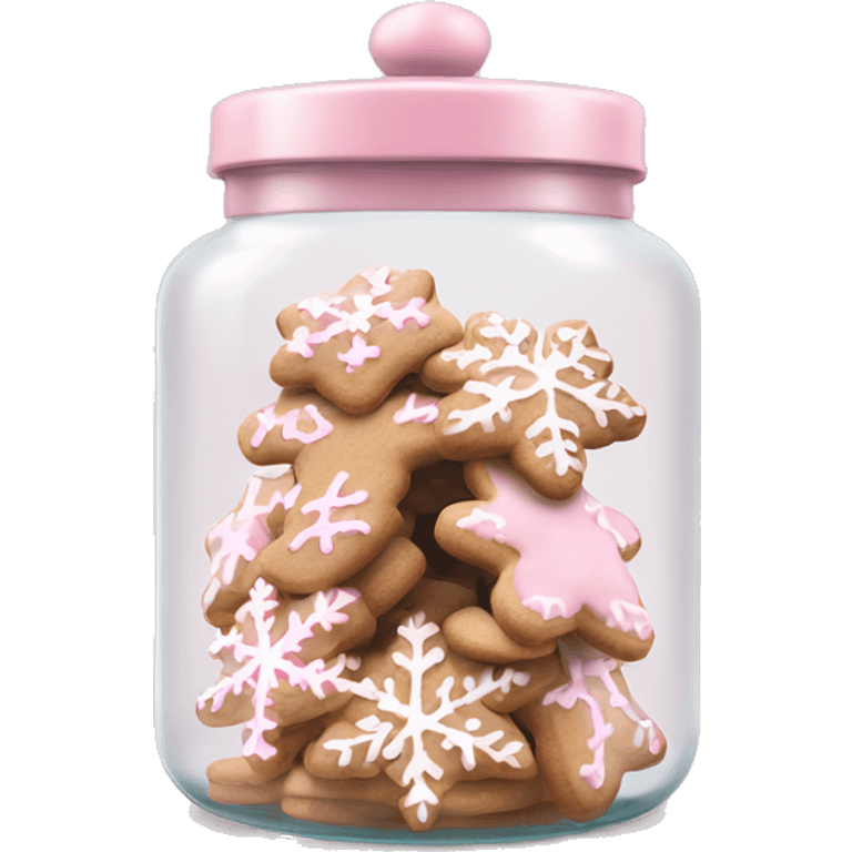 Realistic glass cookie jar with light pink lid full of gingerbread snowflake cookies isolated.  emoji