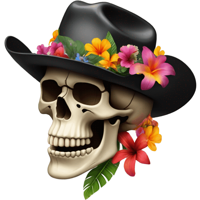 Realistic side view of a skull in a black cowboy hat on decorated with tropical flowers. emoji