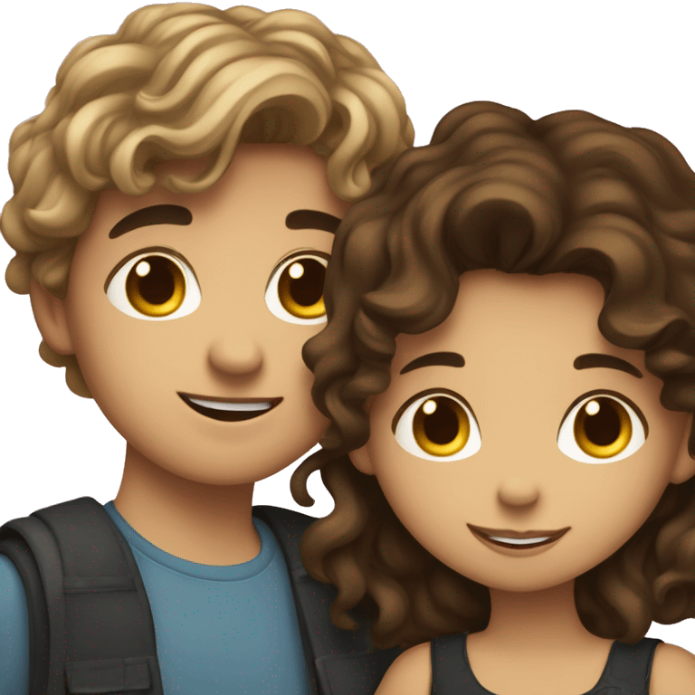 Brunette girl with wavy hair hugging brunette boy lovingly couple emoji