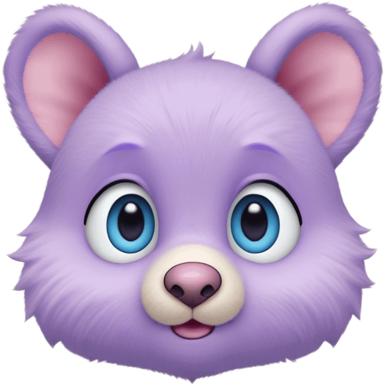 A creature with pastel purple fur and large pixar blue eyes and very small ears like a teddy bear. The nose is just a circle and very small pink. The base around the eyes, nose and mouth is white, with a blush. emoji