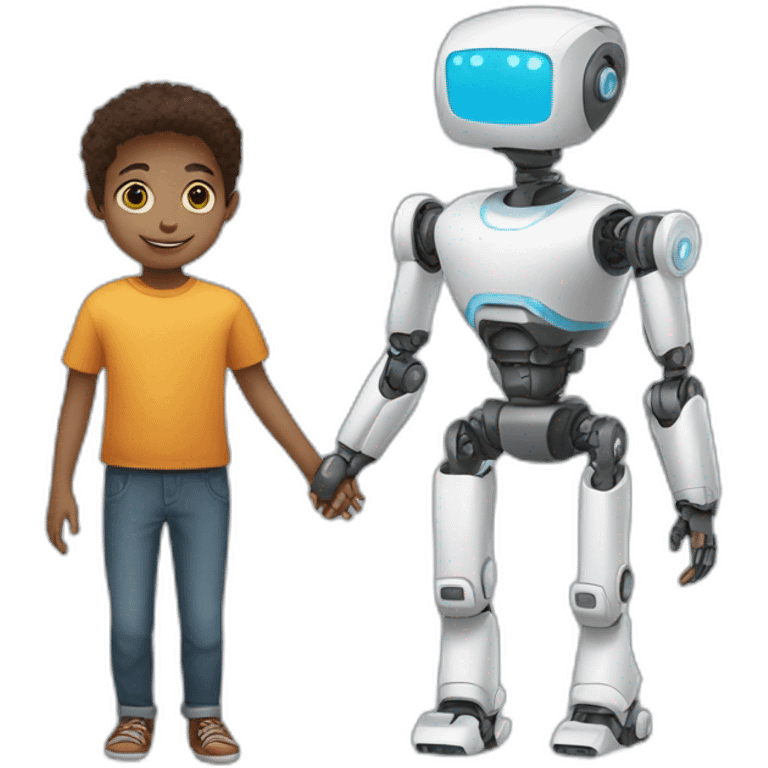 a AI robot and a kid boy, hand in hand emoji