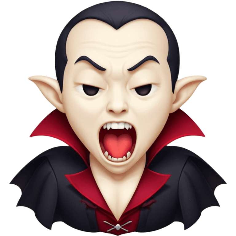 Cinematic Cute Yawning Vampire Portrait Emoji, with a small, rounded, charming pale face accented with tiny playful fangs and droopy, half-closed eyes, head tilted in an adorable wide yawn, dressed in miniature elegant dark attire with a hint of crimson, simplified yet irresistibly endearing, highly detailed with a soft, mysterious glow and gentle outline that captures the cute, drowsy side of an immortal! emoji