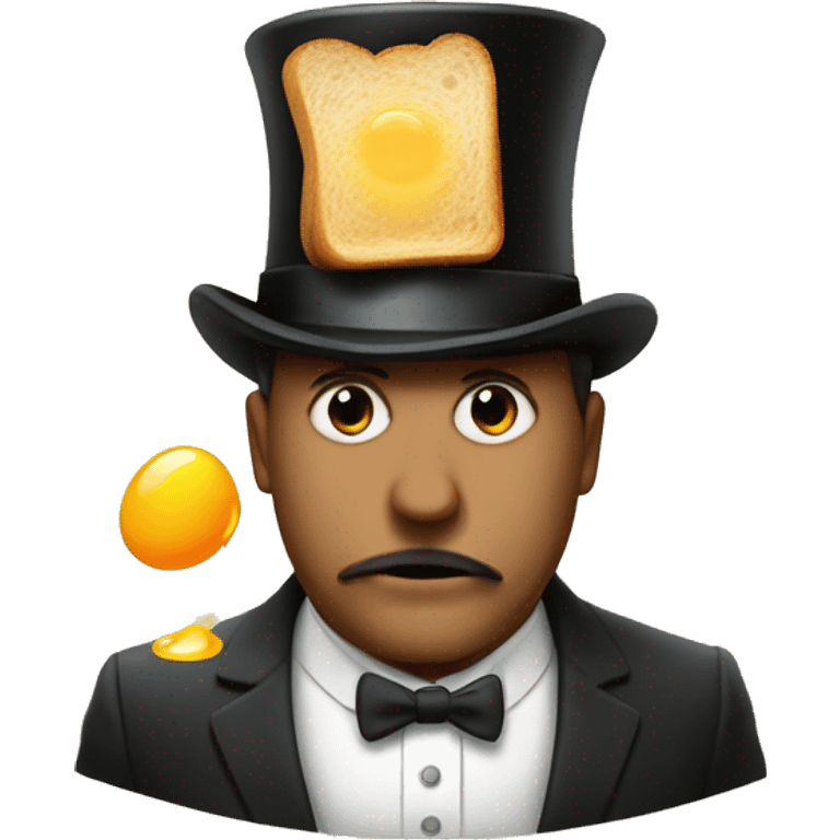 man with an egg in his mouth hes sweating and has a top hat an monocle with toast in his other hand  emoji