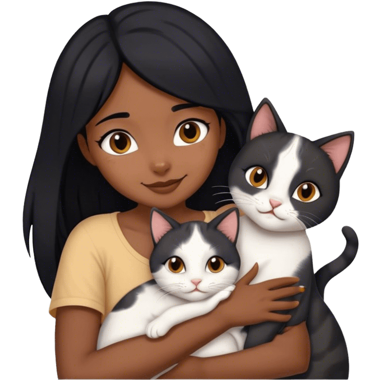 happy black haired girl hugging three cats  (carey cat, gray cat, white brown cat) emoji