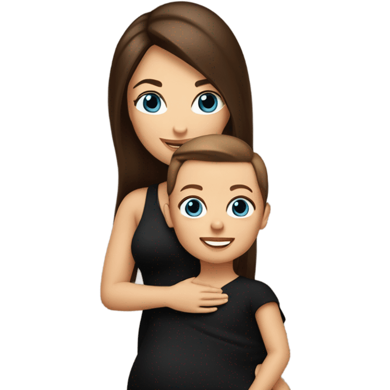 white woman, wearing a black dress and boots, stylish, with straight long mid hair, dark brown hair, blue eyes, round face, uni-lips. holding her baby boy, one year old, brown skin, bit of hair straight brown smiling emoji