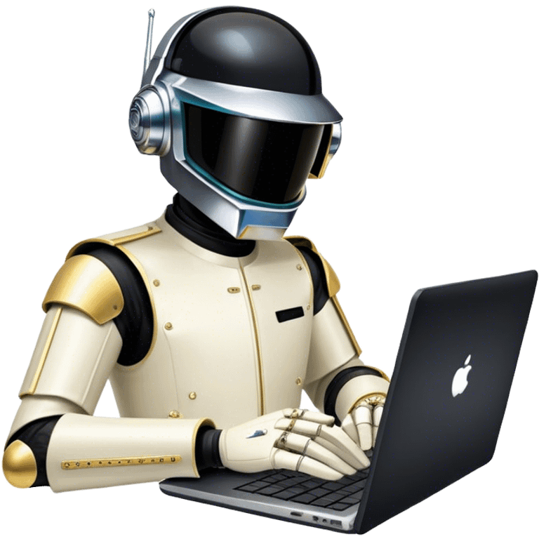 Daftpunk writing code in a laptop with 5 hands emoji