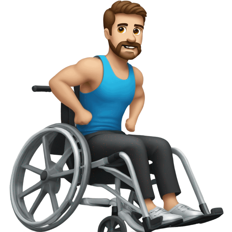 Wheelchair guy working out with brown hair, brown eyes and brown mustache  emoji