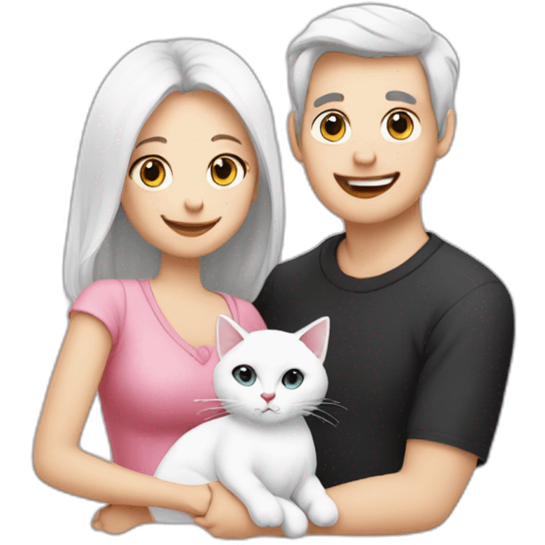 Family of 3- mum-dad-baby girl-white cat-black cat emoji