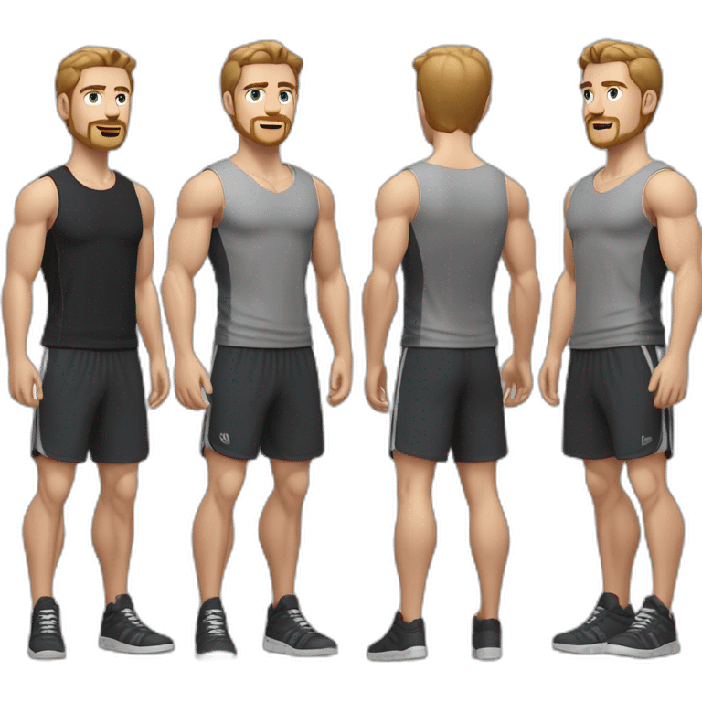 Full height Pale skinned muscular man With Realistic eyes and mouth, light brown hair and stubble In dark gray sleeveless mike, black oversize sports shorts, watch and white sneakers. emoji