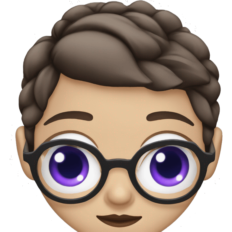 White Girl with blue eyes, square face, big lips, big teeth, long dark brown hair, purple glasses, well groomed eye brows emoji