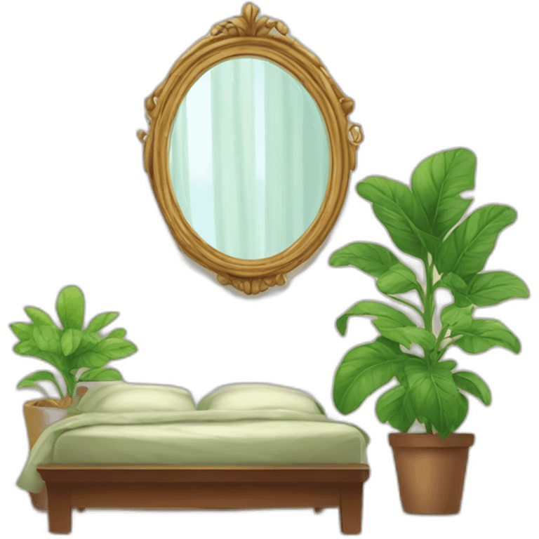 bedroom with an old mirror and a plant emoji