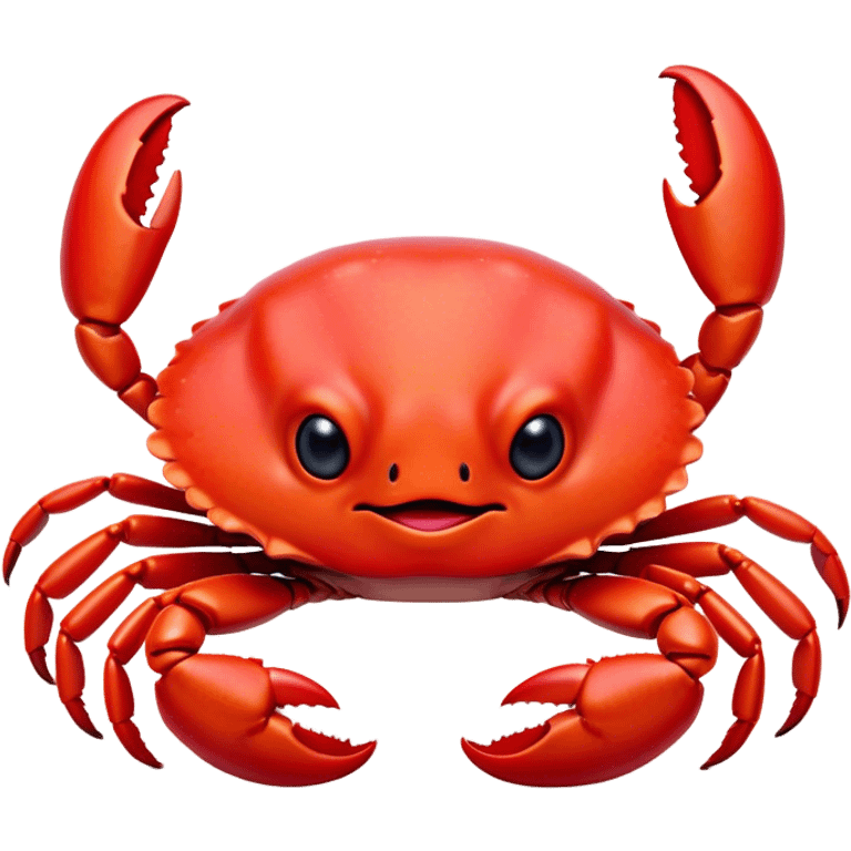 Cinematic Cute Red Crab Portrait Emoji, Head tilted playfully and inquisitively, featuring a compact, vibrant scarlet carapace with adorably small, expressive eyes and gentle, rounded pincers, Simplified yet irresistibly adorable features, highly detailed, glowing with a warm, friendly oceanic glow, high shine, affectionate and lively, stylized with a touch of seaside whimsy, soft glowing outline, capturing the essence of a mischievous yet loving red crab that seems as if it could pinch its way out of the screen into your arms! emoji