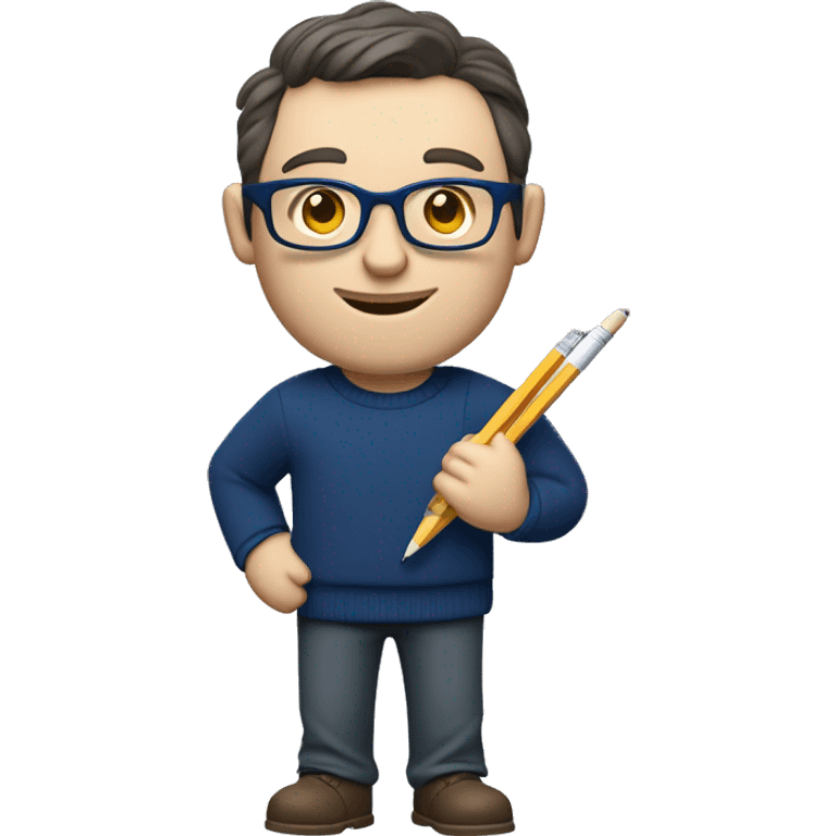 caucasian white man with dark hair, blue glasses, and carrying design plan because he is an architect carrying a pencil and a set model maquette. wearing a navy blue long sleeve sweater shirt. smart.  emoji