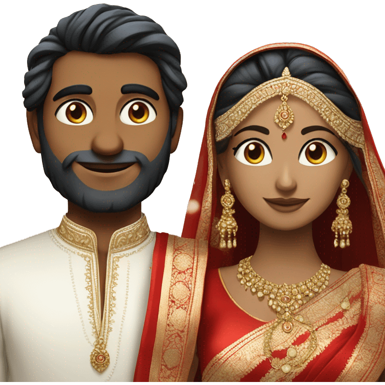 indian groom with long hair and white skin bride with blue eyes and same traditional red saree emoji